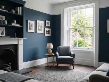 Crisp architectural photography of a high-end Irish home interior, bright natural daylight streaming through a sash window, deep blue painted wall with immaculate woodwork and razor-sharp paint lines, 35mm.