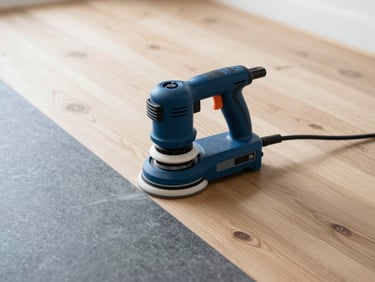 Meticulous surface preparation in progress, professional dust-free sanding equipment sitting on a clean timber floor, natural daylight, 35mm.
