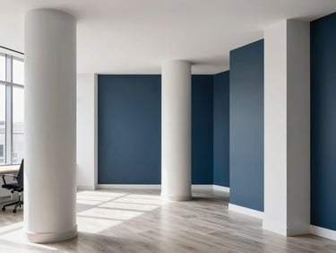 Bright, modern Dublin office space with clean painted columns and geometric accent walls, natural light, professional and tidy workspace, 35mm.