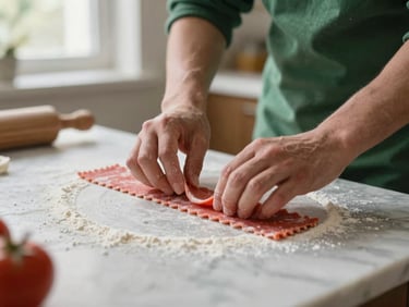 Close-up of hands preparing fresh pasta on a flour-dusted marble counter, soft natural side-lighting, shallow depth of field.