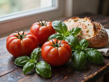 Editorial flat-lay of heirloom tomatoes, fresh basil, and a sourdough loaf on a dark rustic table, warm natural window light.