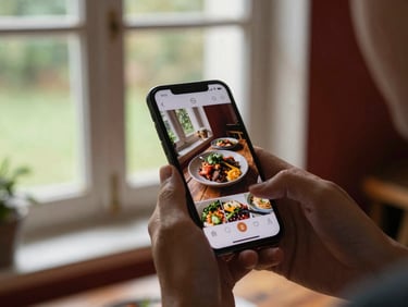 Hands holding a smartphone displaying a beautifully styled social media feed of rustic food, warm interior glow.