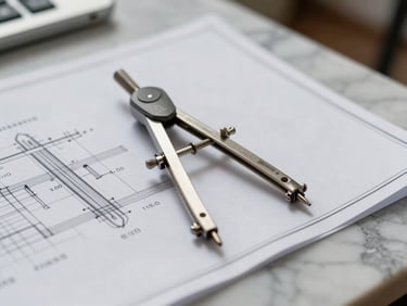Macro photograph of technical blueprints laid out on a marble table, a precise metal drafting compass resting on structural calculations, soft natural side lighting.