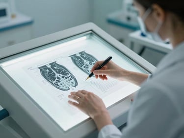 Side view of Evangelia analyzing medical schematics at a light table, cool natural daylight, sharp focus, clinical slate and teal tones, 35mm lens.
