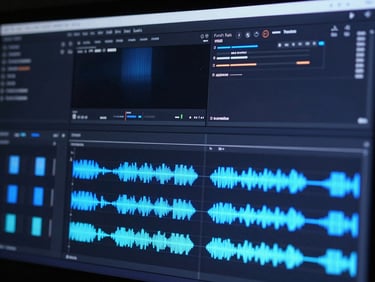 Cinematic screenshot of a high-end video editing software interface, showing multi-track color grading, audio waveforms, and neon blue accents on a dark screen.
