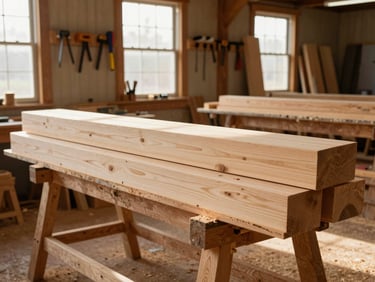 Garrison and Sons active timber carpentry workshop, heavy white oak beams stacked on sawhorses, hand tools hanging on a wooden wall, golden hour sunlight filtering through high windows, sawdust in the air