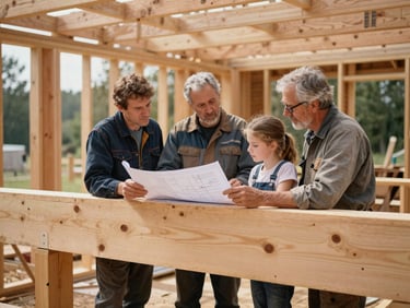 A multi-generational family of builders in workwear examining a blueprint on top of a heavy timber beam, soft natural daylight, active outdoor timber framing site.