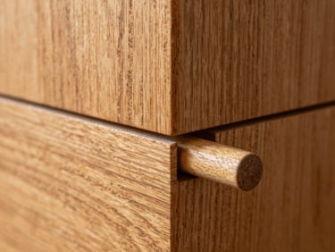 Close-up of a wooden peg driven through a mortise-and-tenon joint, rich oak wood grain, natural daylight