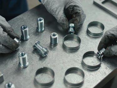 Overhead close-up of marine-grade stainless fasteners and pipe clamps laid out on a steel work surface, gloved hands visible at the edge arranging components, neutral cool daylight