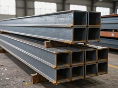 Wide shot of structural steel sections — H-beams, angles, and channels — stacked in an organized warehouse rack, neutral daylight from high windows, depth of field revealing scale of stock