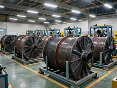 Wide shot of a subsea equipment staging area with coated pipe spools and structural steel frames arranged in rows, overhead industrial lighting, no personnel visible