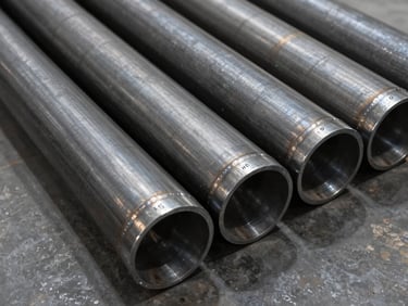 Overhead macro shot of large-diameter carbon steel pipes arranged in rows on a warehouse floor, pipe ends stamped with grade markings, neutral studio lighting revealing steel grain and weld seams