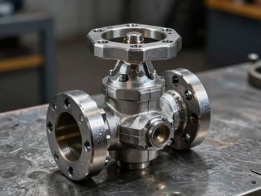 Close-up overhead of a weld-neck flange and gate valve on a steel worktable, studio strobe lighting showing raised face and bolt holes in sharp detail, dark industrial background