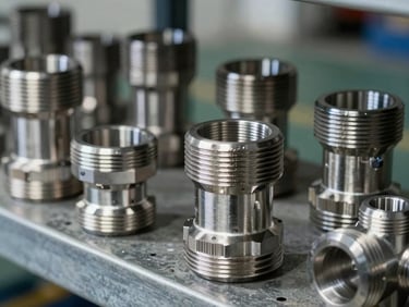 Close-up of stainless steel flanges and fittings arranged on a steel shelf in a temperature-controlled warehouse, studio strobe lighting showing machined face surfaces and bolt-hole precision