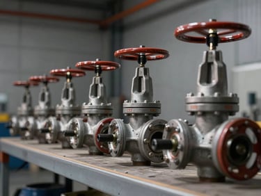 Macro shot of high-pressure gate valves lined up on a warehouse bench under studio strobes, handwheels and body markings in sharp focus, grey industrial background