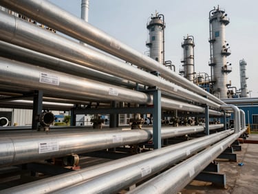 Wide environmental shot of organized refinery pipe rack shelving at scale, rows of alloy pipes tagged with spec labels, neutral daylight from high industrial windows