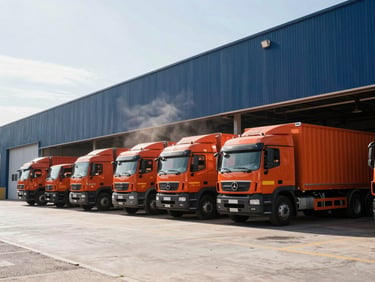 Wide environmental shot of a modern industrial warehouse in Tete, heavy transport trucks parked at the loading dock under intense midday sun, dust motes visible in the air.