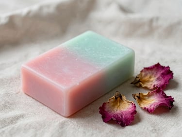 A solid pink botanical conditioner bar next to dried rose petals on a linen cloth, soft shadows