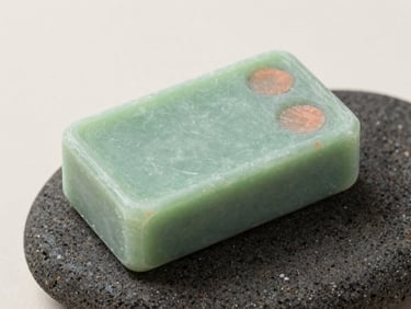 A solid green herbal shampoo bar resting on a piece of raw volcanic stone, macro texture, soft daylight