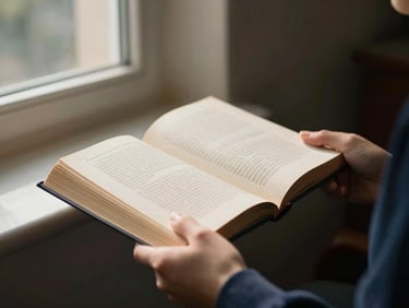 Hands holding an old open academic book under soft warm window light, 35mm photography, shallow depth of field