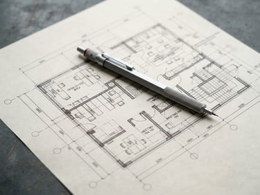 Macro close-up of a detailed architectural floor plan on a technical desk, mechanical pencil resting on the draft, bright neutral daylight, sharp focus