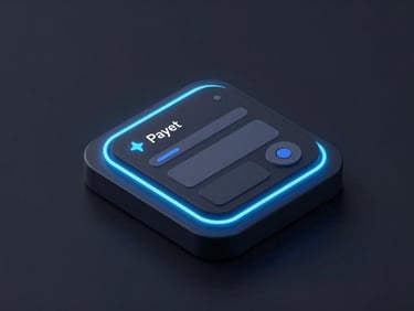 An isometric 3D device mockup showing a clean responsive user interface, glowing electric blue neon lines, dark obsidian background, sharp focus