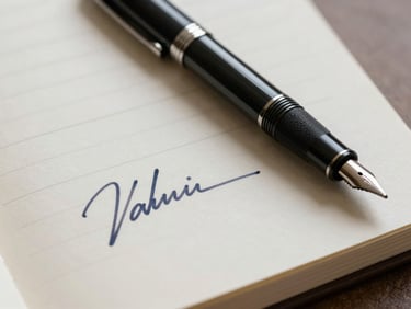 Close-up of a signed corporate ledger and a textured black fountain pen on heavy cotton paper, soft side lighting.