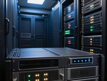 Wide shot of server rack environment with indicator lights visible, cool blue ambient lighting from above, no people, sharp technical detail in foreground rack units
