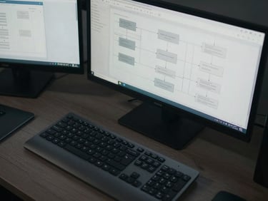 Overhead view of a keyboard and two screens showing workflow automation pipeline diagrams, monochromatic grey tones, controlled daylight from left, no human subjects, clean and precise