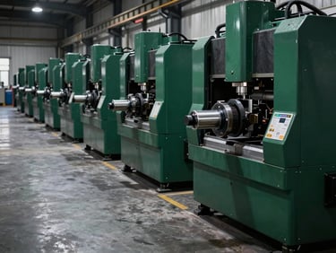 Clean factory floor with high-precision CNC machinery aligned in a row, cool high-contrast industrial lighting, dramatic shadows, deep forest green and metallic tones, 35mm