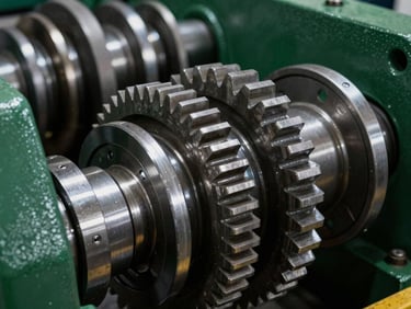 Close-up macro detail of heavy steel gears and mechanical joints inside a transit warehouse, cool metallic highlights, sharp focus, industrial machinery photography, 35mm