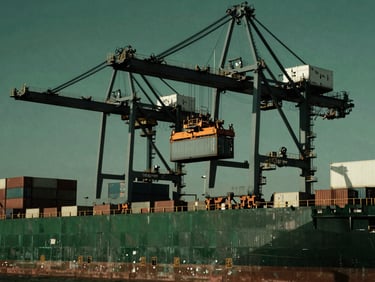 Wide-angle architectural shot of a massive industrial shipping dock in Houston, heavy cranes lifting steel containers under high-contrast metallic lighting, dramatic shadows, deep forest green tones, 35mm