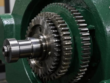 Close-up of a precision engineered gear mechanism, sharp focus, industrial lighting, metallic tones.