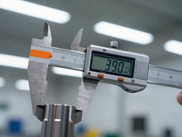 Industrial macro close-up of digital calipers measuring a precision CNC machined steel part on a factory floor, sharp fluorescent lighting, safety orange accents on the caliper display, 35mm.
