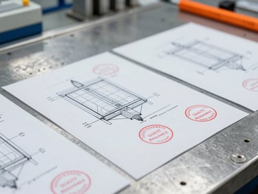 Close-up of technical engineering drawings and quality assurance stamps on a metal workbench, sharp industrial documentary style