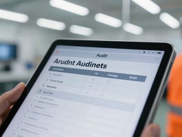 Close-up of a digital tablet displaying an audit checklist inside a modern manufacturing facility, sharp focus, clinical lighting