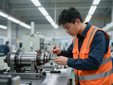 Industrial inspector in high-visibility vest examining a machined steel part on a bright factory floor, high-contrast, technical precision
