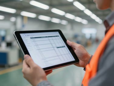 Close-up of a certified inspector in a high-visibility vest holding a digital tablet displaying an audit report on a factory floor, 35mm