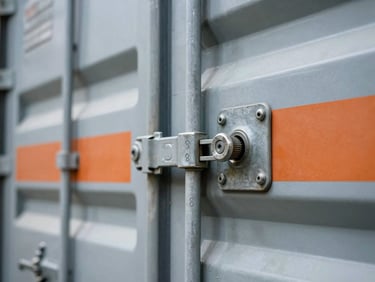 Close-up of industrial shipping container lock being sealed with a numbered steel bolt seal, high contrast warehouse lighting, 35mm
