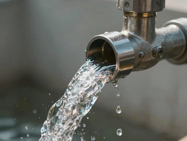 Crisp macro shot of crystal-clear water flowing under high pressure from a technical steel outlet, bright daylight, water droplets frozen in mid-air.