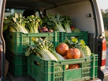 Close-up editorial shot of fresh agricultural produce in clean green distribution crates being loaded onto a transport vehicle, warm golden-hour light, shallow depth of field, 35mm