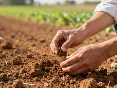 Hands of an agricultural expert carefully examining soil quality in a sunny field, warm clay-earth tones, shallow depth of field