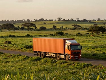 Wide environmental shot of a modern logistics truck driving through lush green Mozambican agricultural valley during golden hour, 35mm photography