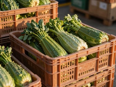 Fresh green produce packed in clean distribution crates at a modern logistics hub, warm golden-hour natural light, 35mm
