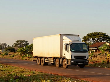 A modern logistics truck driving along a regional road in Mozambique, wide environmental landscape shot, warm golden-hour sunlight