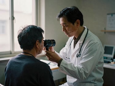 A medical professional in a field clinic gently examining a patient, natural window light, authentic documentary photography, 35mm lens.