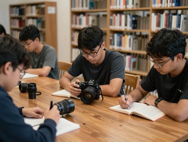 Focused students working around a wooden table in a library, documentary style, natural light, 35mm lens