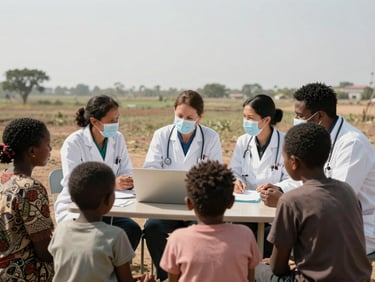 A field clinic setup with medical professionals consulting with local families, natural high-contrast daylight, authentic editorial style