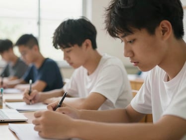 A student focused on studying in a bright, natural-light classroom, tight respectful close-up, authentic editorial style.
