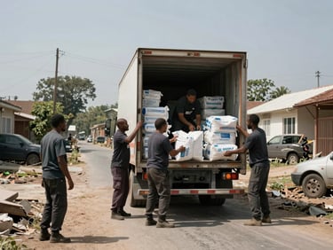 Rapid response team unloading essential supplies from a truck in a recovering neighborhood, wide environmental shot, raw authenticity